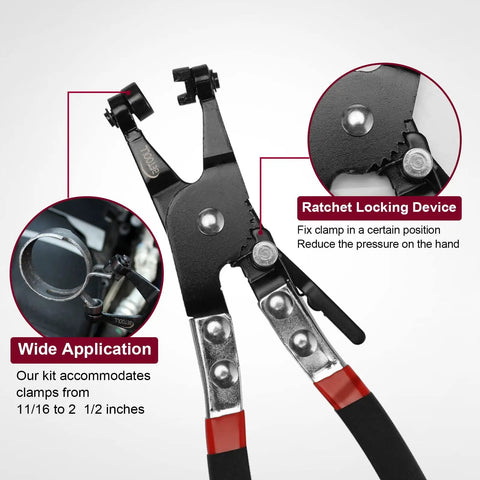 9 Piece Hose Clamp Pliers Set With Long Reach Clic R Swivel Jaw And Flat Band Pliers feature wide application and ratchet locking device