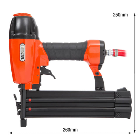 Real Deal Air Brad Nailer With Quick Release Bottom Load Magazine And 1000 18G Type 180 Brads To Knock Out Woodworking Projects In Bold Orange Carry Case side view