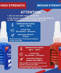 Front view of WAN2TLK thread locker blue and red dual-pack, 50 ml each, medium and high strength for nuts, bolts and fasteners