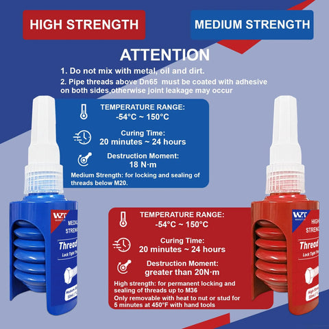 Front view of WAN2TLK thread locker blue and red dual-pack, 50 ml each, medium and high strength for nuts, bolts and fasteners