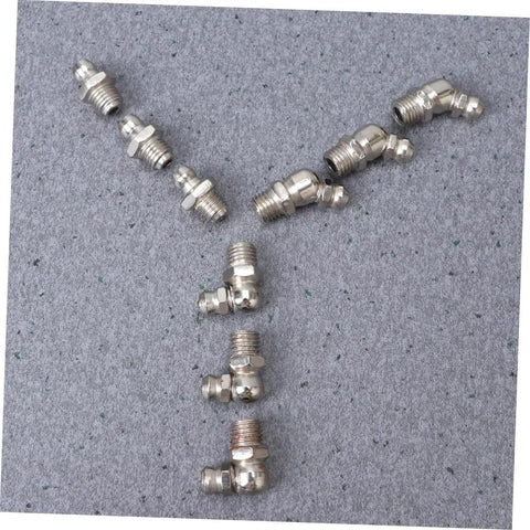 Assorted zerk fittings from the 45 Piece Grease Fitting Assortment Kit with straight bend and elbow styles on display.