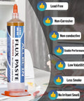 No Clean Soldering Flux 223 High Viscosity Solder Paste 30cc tube with lead-free benefits list, for electronics on circuit boards and copper wire.