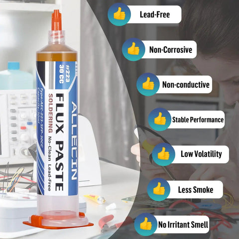 No Clean Soldering Flux 223 High Viscosity Solder Paste 30cc tube with lead-free benefits list, for electronics on circuit boards and copper wire.
