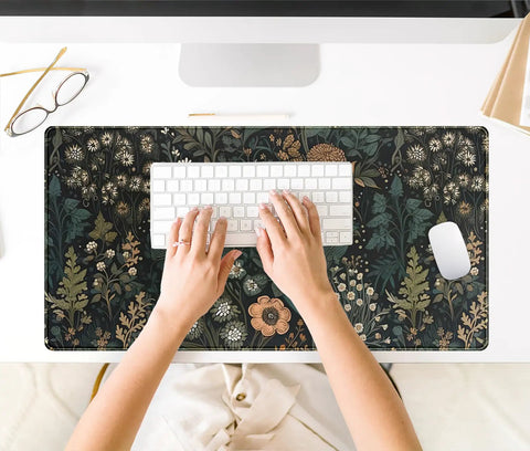 Floral Desk Mat With Wildflower Vibe For Gaming And Work, Large 31.5 By 15.75 Inch Desk Pad with hands typing