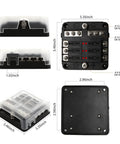 Built Tough 6 Way Fuse Block With Negative Bus Terminal Waterproof Fuse Panel showing dimensions and design for 12 to 24 volt use.
