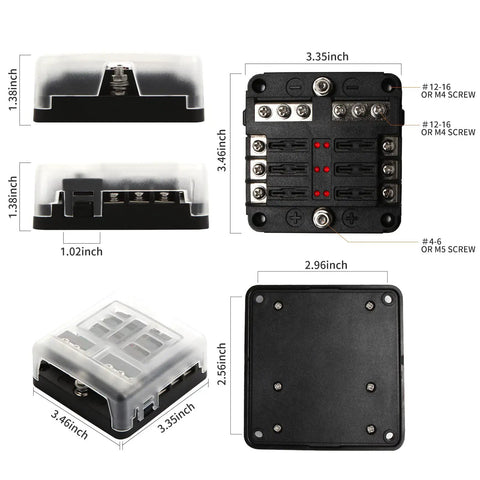 Built Tough 6 Way Fuse Block With Negative Bus Terminal Waterproof Fuse Panel showing dimensions and design for 12 to 24 volt use.