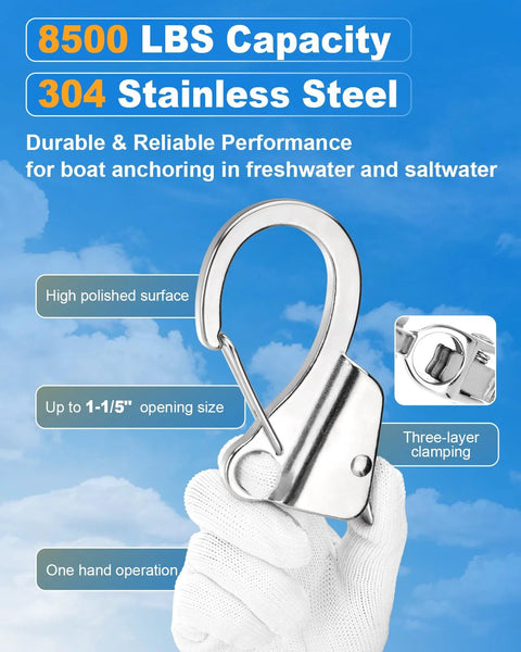Knotless Adjustable Sliding Boat Anchor Hook With Quick Release Marine Line Clip for 3/8 to 5/8 Inch Lines, stainless steel