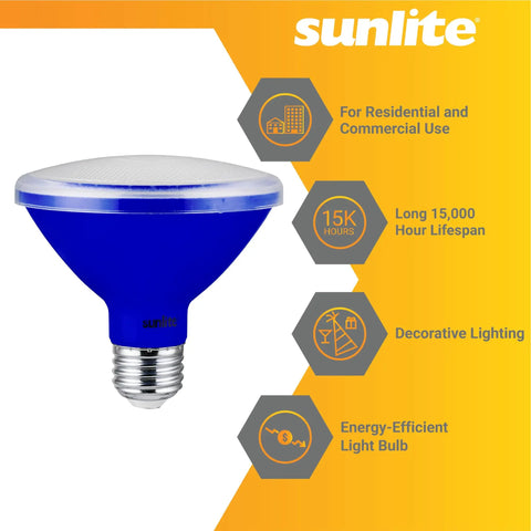 Blue LED PAR30 Flood Light Bulb 8W (75W Equiv) Short Neck Recessed, E26 Base, shown with features and lifespan