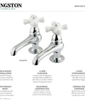 Pair of classic chrome basin tap faucets with cross handles, brass construction, ceramic disc cartridge, labeled specifications.