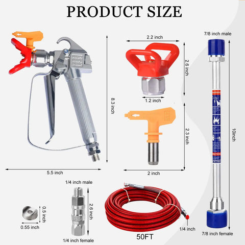 Pro Grade High Pressure Airless Paint Spray Gun 3600 PSI with 517 Nozzle Tip dimensions and components layout
