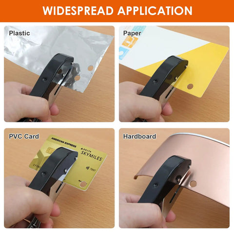 Pro Grade Heavy Duty Single Hole Puncher for paper, cardboard, PVC shown punching various materials for clean accurate holes