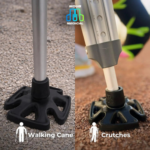 Hella Grip Rock Solid All Terrain Cane And Crutch Tips For 1 Inch Shafts Non Slip rubber bottoms on walking cane and crutches.