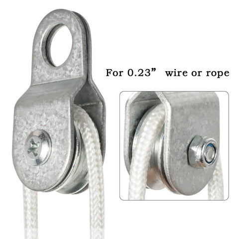 4 Pack Small Snatch Cable Pulley Block For 6mm Wire Rope 0.23 Inch Openable Wheel With Bearing 70 Lb Load Capacity Aluminum Zinc Alloy Lightweight And Durable close-up with 6mm rope