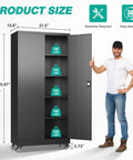 Heavy Duty Metal Rolling Storage Cabinet With Locking Wheels 75 Inch Tall Garage Organizer With Shelves Black Steel Cabinet On Casters