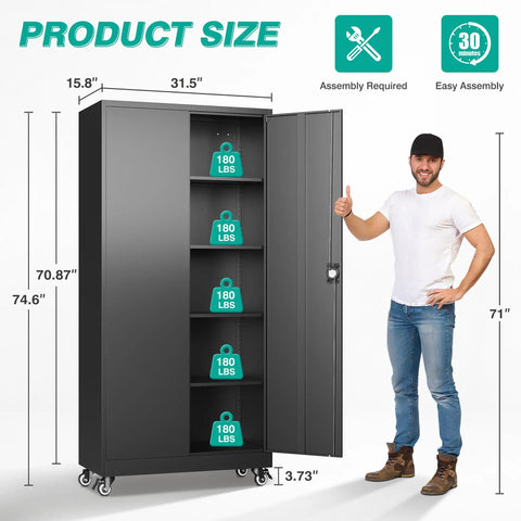 Heavy Duty Metal Rolling Storage Cabinet With Locking Wheels 75 Inch Tall Garage Organizer With Shelves Black Steel Cabinet On Casters