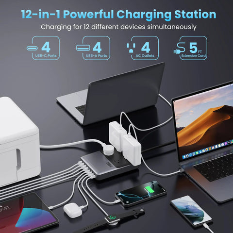 12 In 1 Desktop Charging Station With 200W GaN IV USB C Power Block, Four AC Outlets And Eight USB Ports To Power MacBook And iPhone 17 16 15