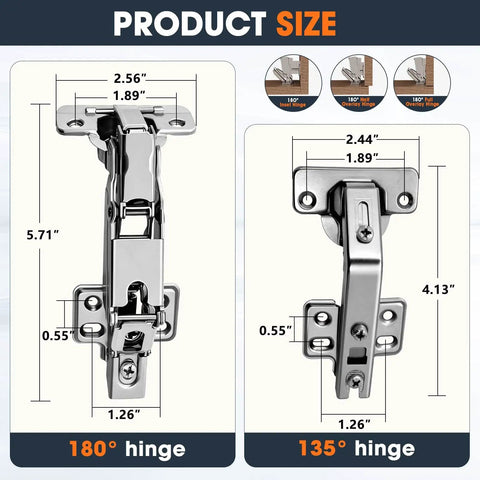 180 Degree And 135 Degree Half Overlay Corner Cabinet Hinges For Lazy Susan And Bifold Doors Space Saving Kitchen Cabinet Hardware Kit Easy Install Converts Tight Corner Cupboards Into Smooth Front Opening Storage, silver metal hinge sizes