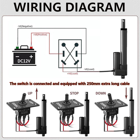 Wiring diagram for 12V 4 Inch Linear Actuator With Beefy 330 Pounds Push Pull, switch connection details included.