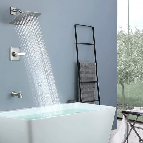High Pressure 8 Inch Rain Shower Head Tub Spout Shower Faucet Set With Single Handle Valve Included Brushed Nickel Finish