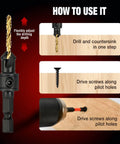 How to use Heavy Duty 13 Piece Adjustable Countersink Drill Bit Set with adjustable depth and screws in wood.