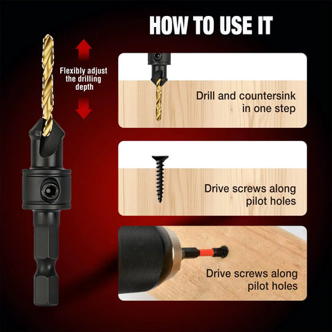 How to use Heavy Duty 13 Piece Adjustable Countersink Drill Bit Set with adjustable depth and screws in wood.