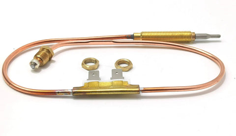 18-inch heater thermocouple with copper tube and brass fittings; includes hex nuts and terminal lugs.