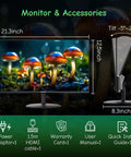 24 Inch Eye Care FHD Computer Monitor With HDMI And VGA Ports FreeSync 1080p Display 178 Degree Viewing Angle Frameless Design Tilt From Minus 5 To 22 Degrees VESA Compatible For Home Office And Gaming, showing dimensions and accessories