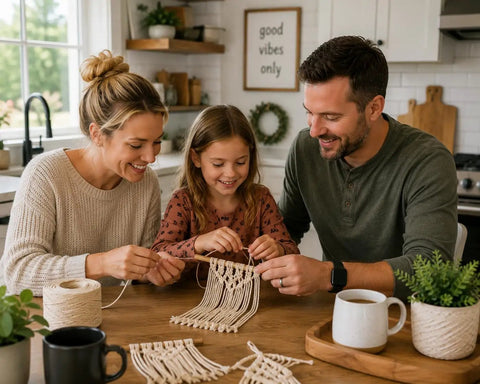 Family crafting with Cotton Twine Roll Three Ply Natural White Go-To Gift Wrapping And Crafts All-Purpose String for macrame project