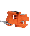 Heavy-Duty 6-Inch Bench Vise With Swivel Base, 6 Inch Jaw Opening, shown in beefy orange cast iron for workshop tasks
