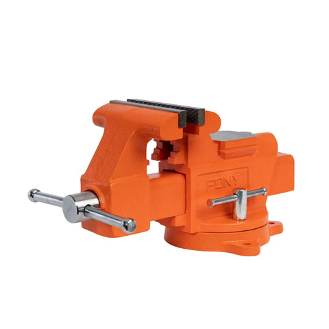 Heavy-Duty 6-Inch Bench Vise With Swivel Base, 6 Inch Jaw Opening, shown in beefy orange cast iron for workshop tasks