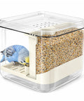 Top Shelf Cage Mounted Bird Feeder Keeping The Mess At Bay With Non Spill Design And Plenty Of Seed Space Featuring A Solid Perch For Your Feathered Friends To Chow Down In Comfort, with a blue budgie feeding inside.