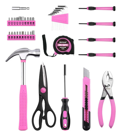 Pink 40 Piece Home Go-To DIY Tool Set With Plastic Toolbox Case Chrome Vanadium Hand Tools including hammer, pliers, and tape measure