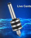 MT2 lathe live center with knurled metal body and pointed tip, front view.