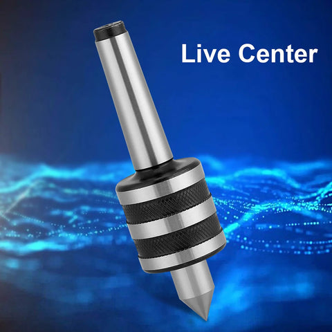 MT2 lathe live center with knurled metal body and pointed tip, front view.