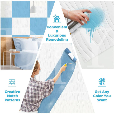 3D Peel and Stick Wall Panels 20 Pack Big Size 30.3 by 27.5 Inches For Interior Decor, showcasing color customization and pattern options.