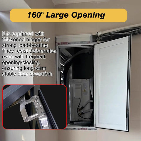 Heavy Duty White Lockable Access Door For Crawl Space And Attic Projects Flush Mount Insulated Wall Panel with thick hinges and large opening.
