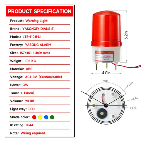Heavy Duty Rotating Warning Light With Punchy 90Db Buzzer Red Industrial Beacon Alarm For Real Jobsites And Rig Gear 110V Ac Revolving Siren Flasher With Bolt Down Mount