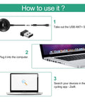 Guide on using Ant Plus USB Dongle for Indoor Cycling Data Transmission with Zwift shown on laptop.