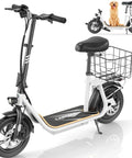 Peak 800W Electric Scooter With Seat For Adults, white color, 12-inch tires, basket with a dog sitting, foldable design for city riding