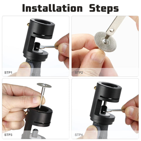 Installation steps for 8V Pro Grade Cordless Tungsten Electrode Sharpener showing accessory assembly and adjustments.