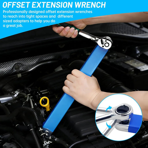 Offset Extension Wrench Set With 15 Inch Reach, Impact Ready Socket Wrench Kit Includes adapters for engine bay work.