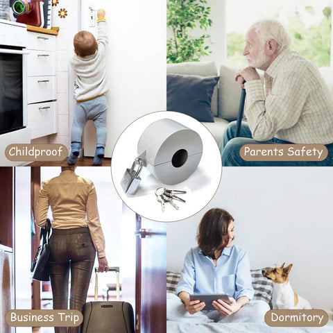 Lock Out Door Knob Device With Padlock For Round Doorknobs Keeps Them From Turning And Keyholes From Being Accessed Great For Privacy And Safety Stainless Steel Silver Finish with lifestyle images of childproofing, parent safety, business trip, and dormitory use.