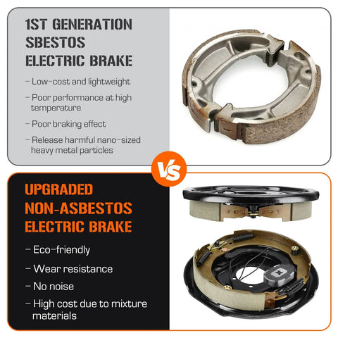 Trailer brake kit 8 on 6.5in bolt circle; top worn brake shoe, bottom upgraded non-asbestos electric brake