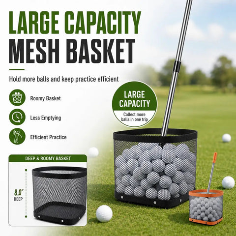 Golf Ball Picker Upper With Cleaning Towel, Turf Friendly 5 Spring Base, Large Capacity Mesh Basket full of balls on grass