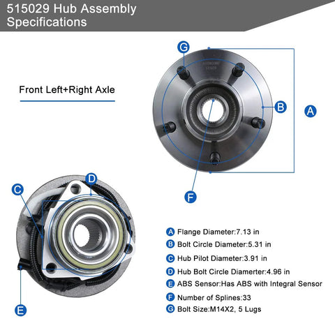 Diagram of Beefy Front Wheel Hub And Bearing Assembly 515029 with specifications for 4x4 Ford F-150 2000-2003 and Heritage 2004.