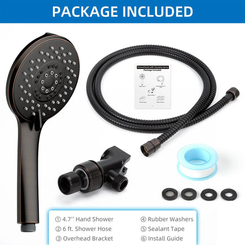 Package contents of Five Function Handheld Shower Head With High Pressure Power Wash 70.8 Inch Stainless Steel Hose