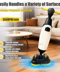 Cordless Electric Floor Scrubber With 360 Degree Steering And 90 Minute Runtime For Restaurant Kitchens, Pro Grade Cleaner in gray, on hardwood floor.