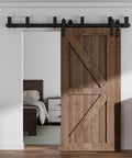 7Ft Low Ceiling Bypass Sliding Barn Door Hardware Kit With Double Track For Double Wooden Doors Black Finish, installed view