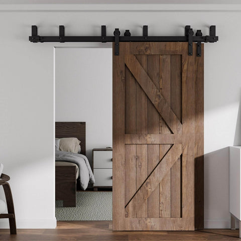 7Ft Low Ceiling Bypass Sliding Barn Door Hardware Kit With Double Track For Double Wooden Doors Black Finish, installed view
