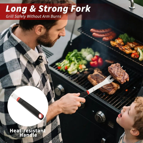 Man using heavy duty 4 piece barbecue tools set with stainless steel fork to grill steak, featuring heat-resistant handle, outdoor grill.